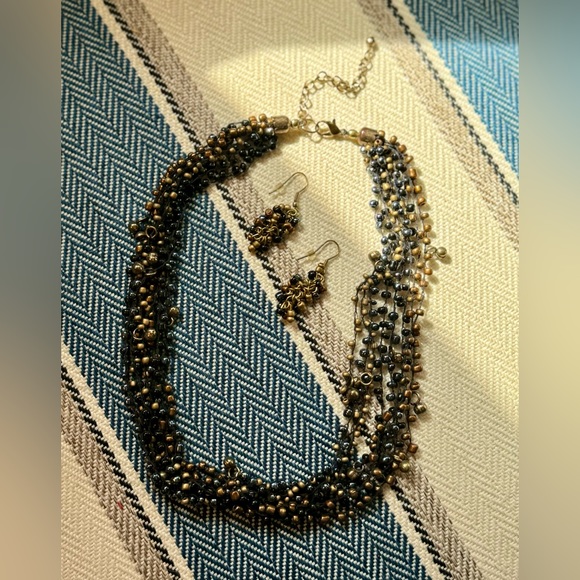 Blue, Bronze and Gold-Colored Bead Necklace and Earrings Set - Picture 6 of 8